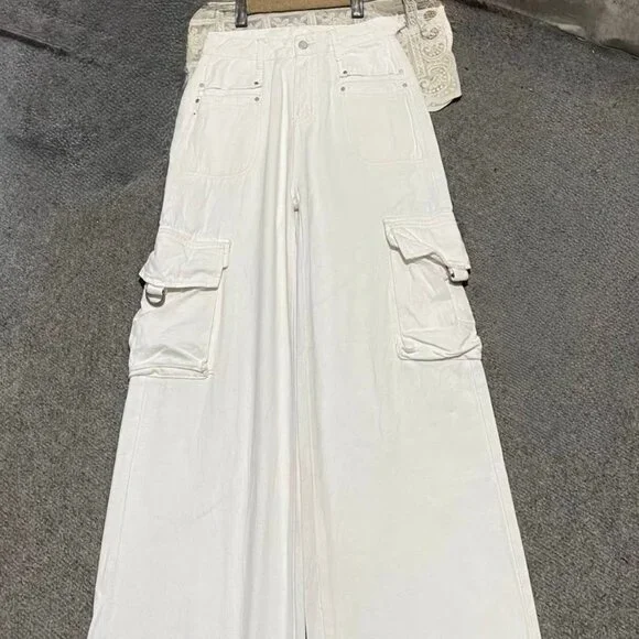 White High Rise Wide Leg Cargo Pants with Pockets - Picture 1 of 3